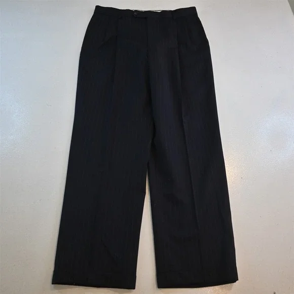 Vtg Y2K Boxy 2000s 42R 33x32 Navy Blue Striped 100% Wool Mens Jacket Pants Suit